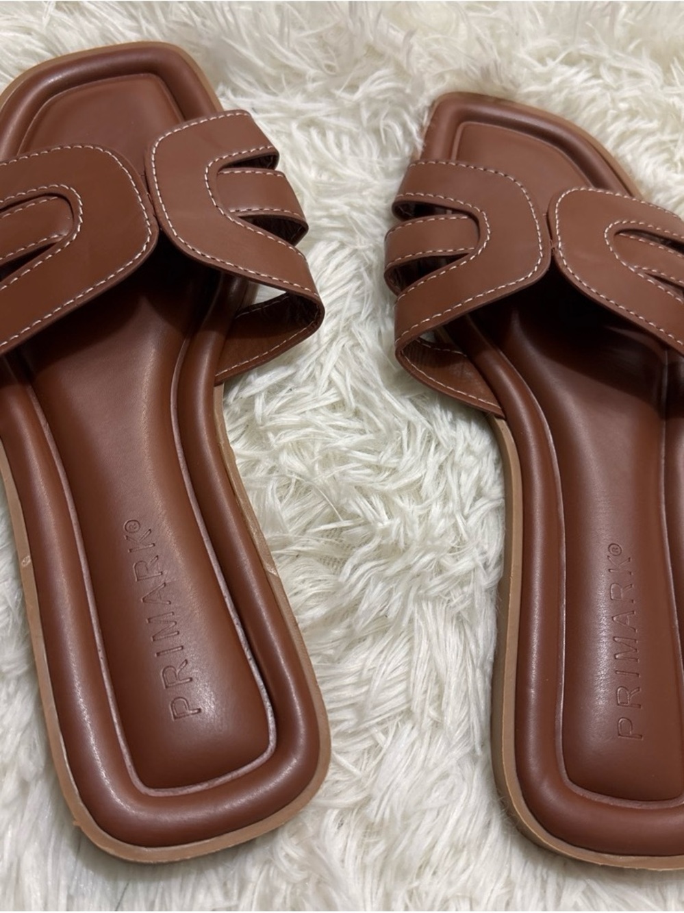 Primark Tan Brown Slide Sandals with Stitched Strap Detail